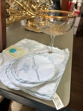 Embroidered White Linen Cocktail Napkins with Pale Blue Trim/ stemware coasters
